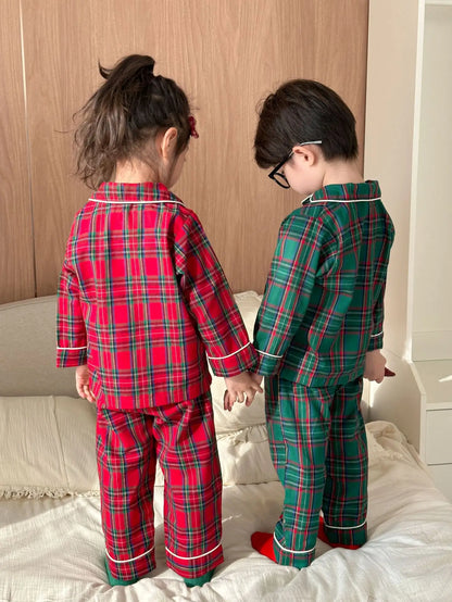 2025 New Christmas Children's Pajama Sets Plaid Print Clothing Set Button Full Sleeve 2 Pcs Suit Homewear Thin Pyjamas Xmas Look