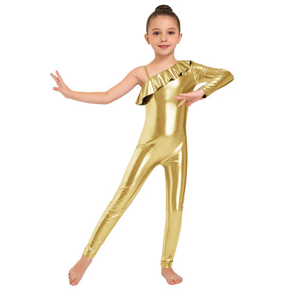 Kids Girls Metallic Shiny Ballet Dance Unitards Figure Skating Acrobatics Gymnastics Leotard One Shoulder Long Sleeve Jumpsuit