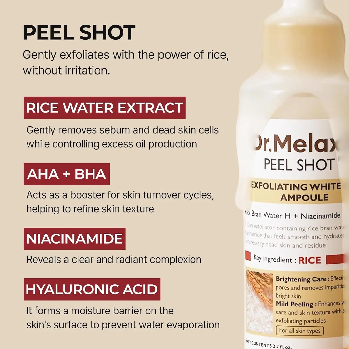 Dr. Melaxin Peel Shot Glow White Rice Peeling Ampoule 80ml,Dead Skin Gentle Exfoliating Ampoule with Rice Water Extract,AHA BHA,Niacinamide