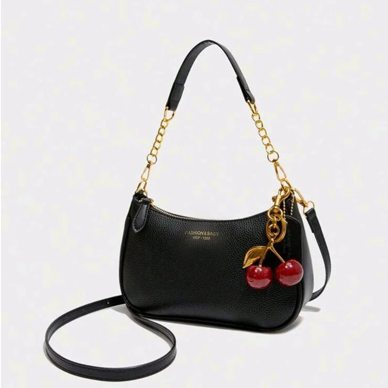 Cherry Pendant Crossbody Bag for Women PU Leather Crescent Bag Adjustable Strap Underarm Bag Closure Handbag for Work Travel
