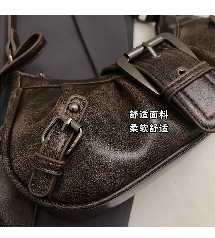 Shoulder Bags Y2K Retro Style Shoulder Bag, Maillard Pleated Rivet Armpit Bag, Fashionable Ladies Cool Leather Shoulder Bag