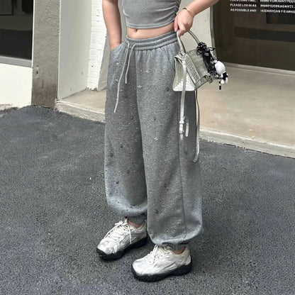 2026 Spring Hot Drilled Cotton Pants Women Elastic Waist Wide-Leg Pants Loose JLJ655