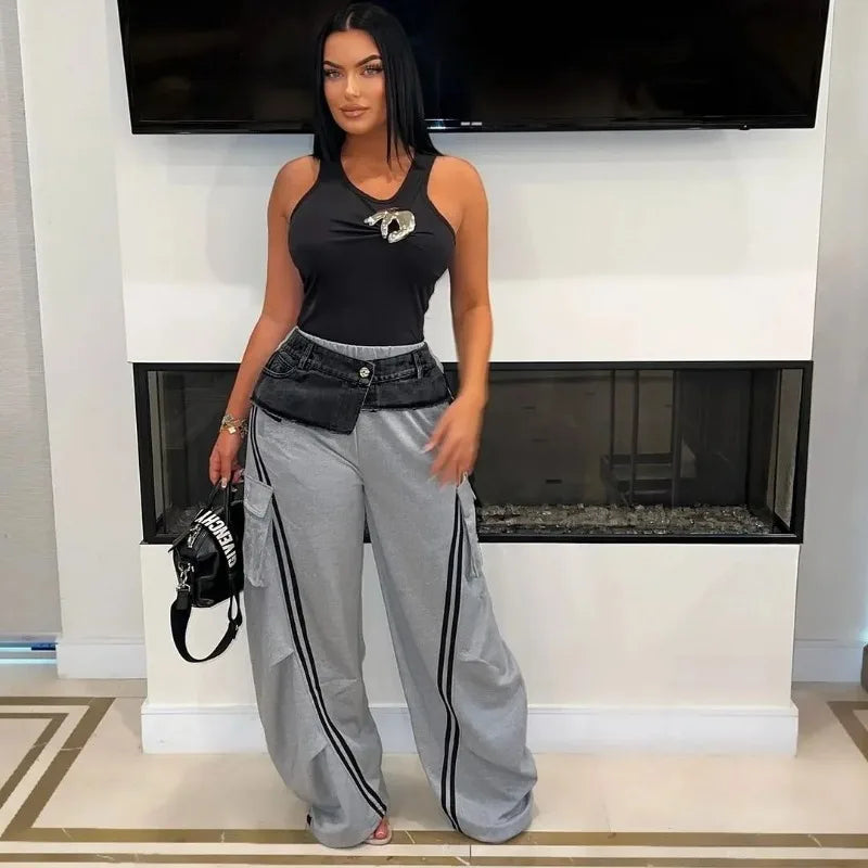 Customized Fashion Women Denim Patchwork Pocket Side Wide Leg Loose Jogger Pants Active Jean Splicing Sweatpants Trousers