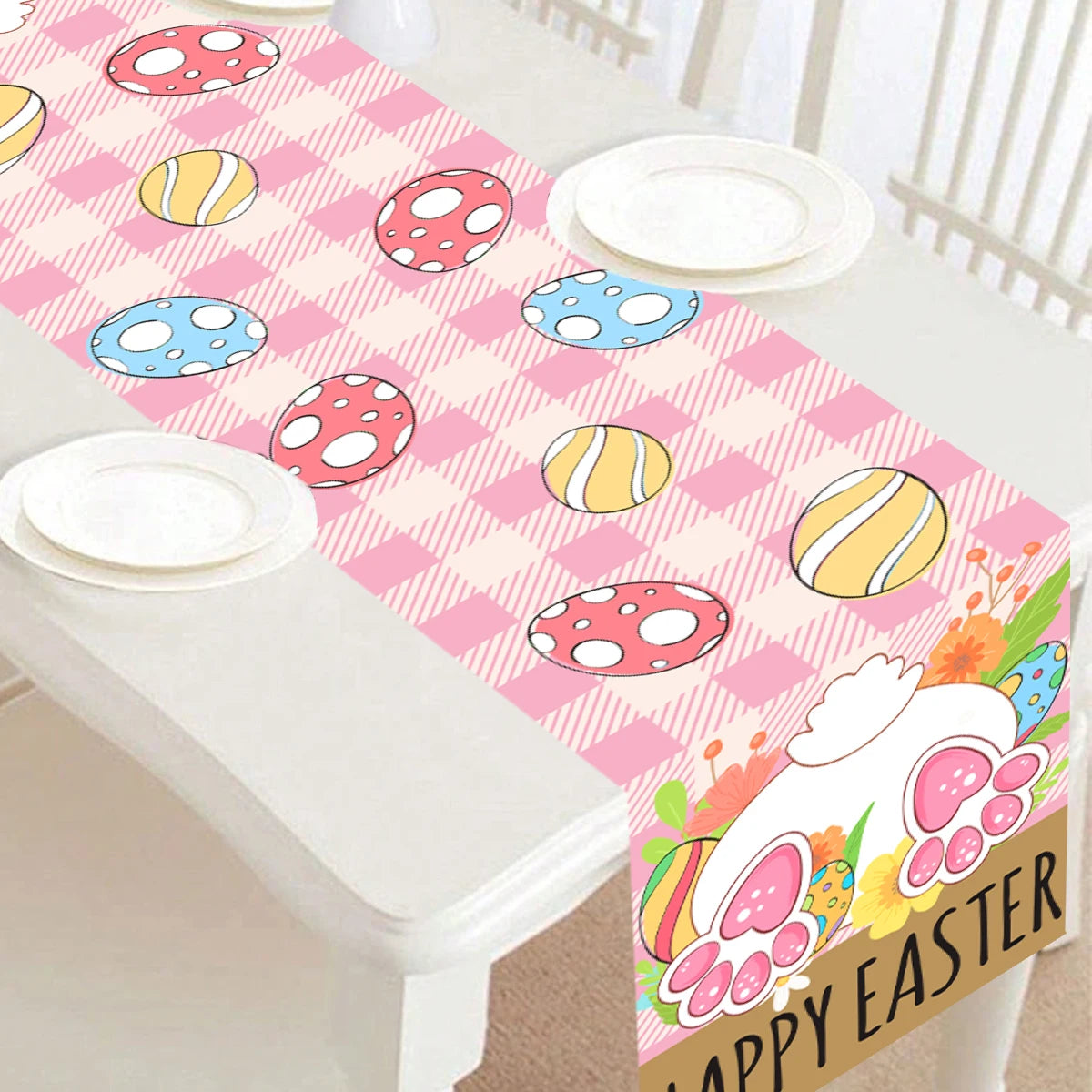 Easter Bunny Polyester Table Runner Happy Easter Decorations for Home Rabbit Butterfly Table Cloth Easter Party Supplies