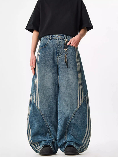Women Wide Leg Jeans Vintage Y2K Reconstruction Custom Distressed Wash Stripe Denim Pants Trendy Comfort Fit