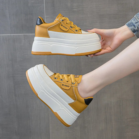 9cm 3 inch comfortable platform sneakers for women Genuine Leather Women Vulcanized Shoes Platform High Heels Casual Shoes 2026