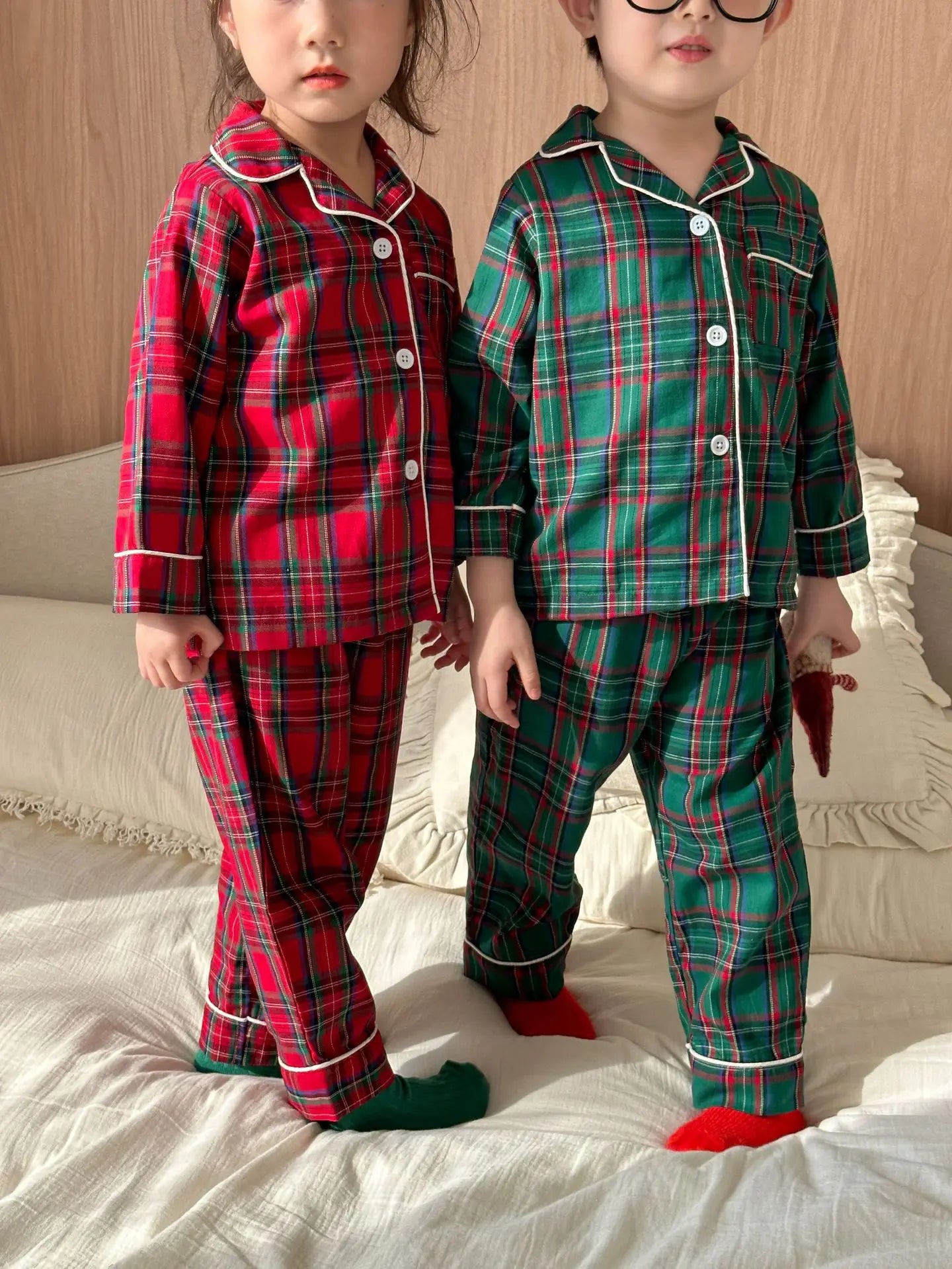 2025 New Christmas Children's Pajama Sets Plaid Print Clothing Set Button Full Sleeve 2 Pcs Suit Homewear Thin Pyjamas Xmas Look