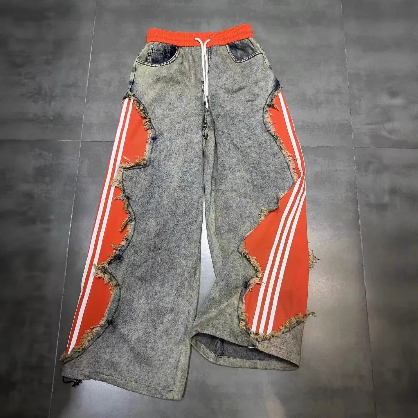 Trendy Drawstring Casual Women's Jeans Spring Summer New Style Side Color Block Striped Washed Grey Pants Natural Waist Denim
