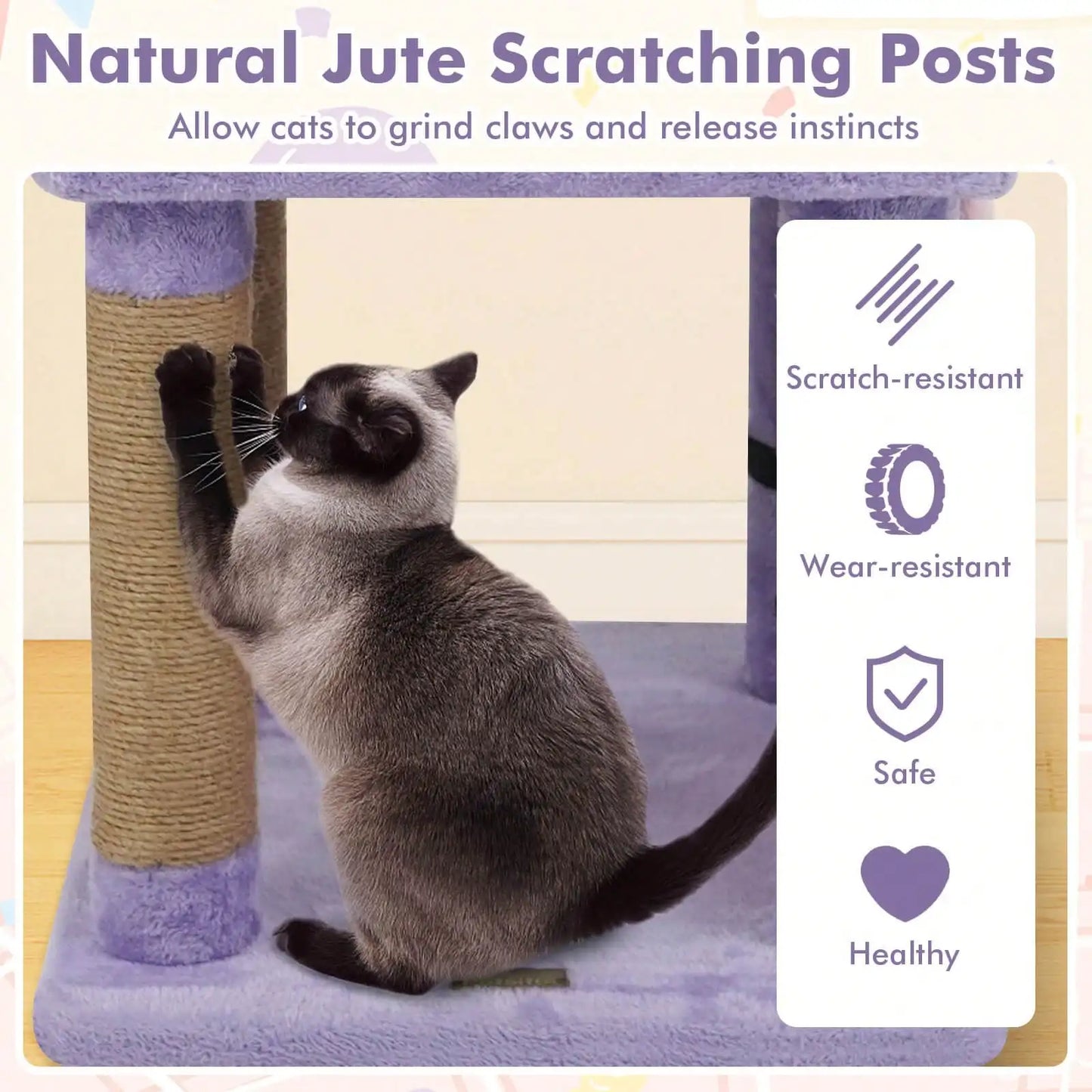31.5" Cute Modern Cat Tree With Condo Top Perch Jute Scratching Posts Hanging Toy Blue/Purple