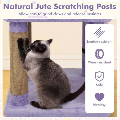 31.5" Cute Modern Cat Tree With Condo Top Perch Jute Scratching Posts Hanging Toy Blue/Purple