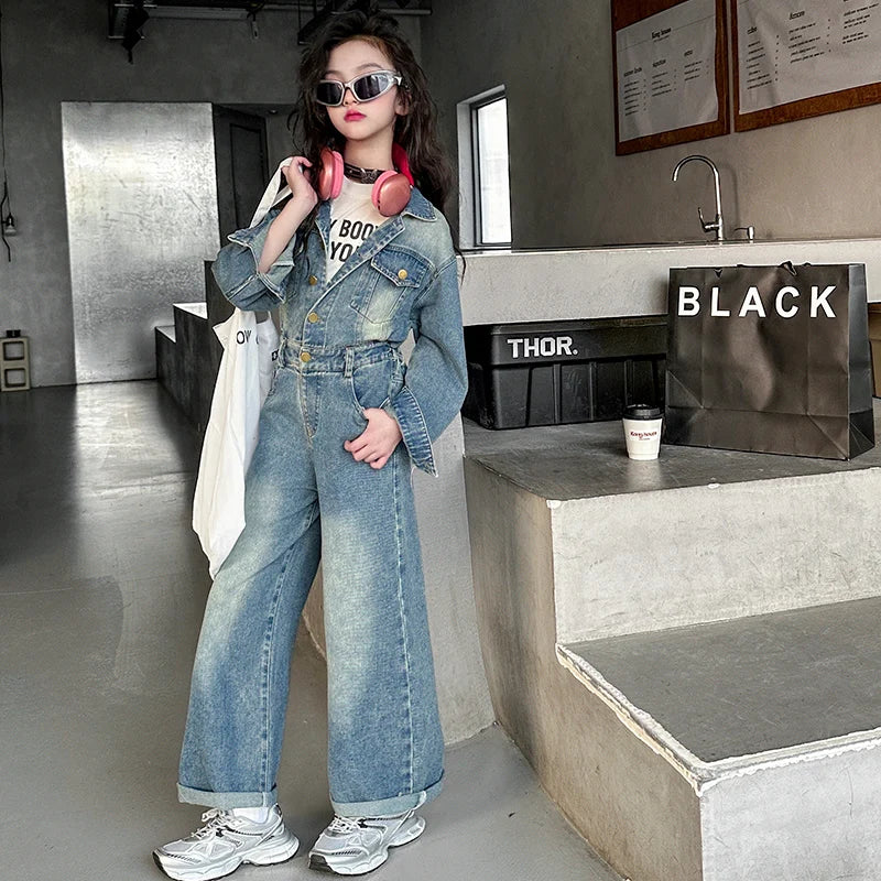 2025 Spring teen Kids girl Denim Jumpsuits Long Sleeve Overalls Children Fashion Jeans Loose Trousers Korean junior Girls Outfit