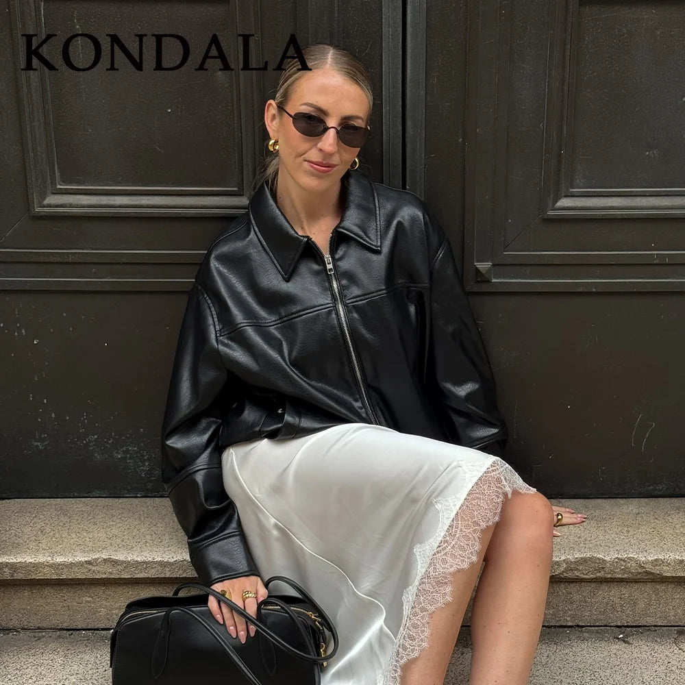 KONDALA 2026 Spring Summer Brown Business Casual Faux Leather Women Jackets Chic Valentine‘s Day Spliced Zipper Ladies Jackets