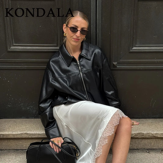 KONDALA 2026 Spring Summer Brown Business Casual Faux Leather Women Jackets Chic Valentine‘s Day Spliced Zipper Ladies Jackets