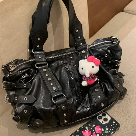 Rivet Decor Design Vintage Denim Women's Handbag Fashion High End Lace-up Punk Motorcycle Bag Ladies Large Capacity Travel Bag