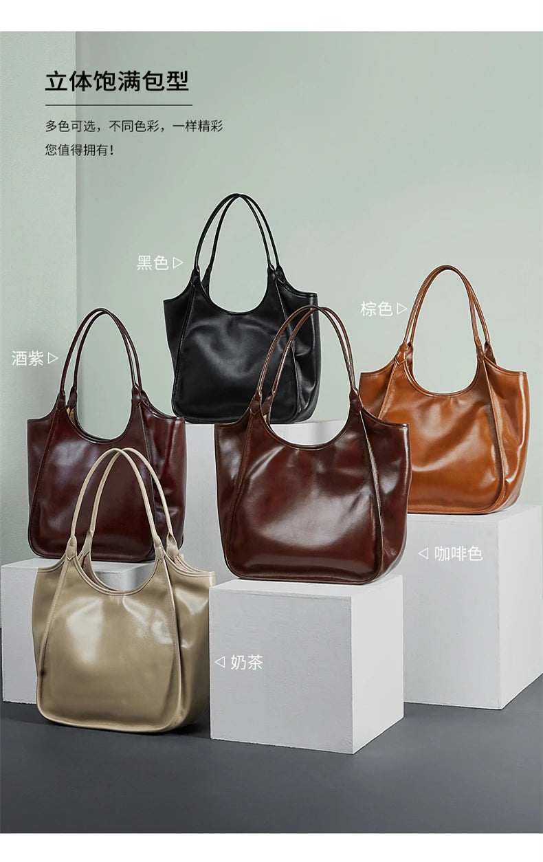Hifashion Cowhide Genuine Leather Large Tote Shoulder Bags For Women 2026 Luxury Designer Bucket Shopper Office Ladies Handbags