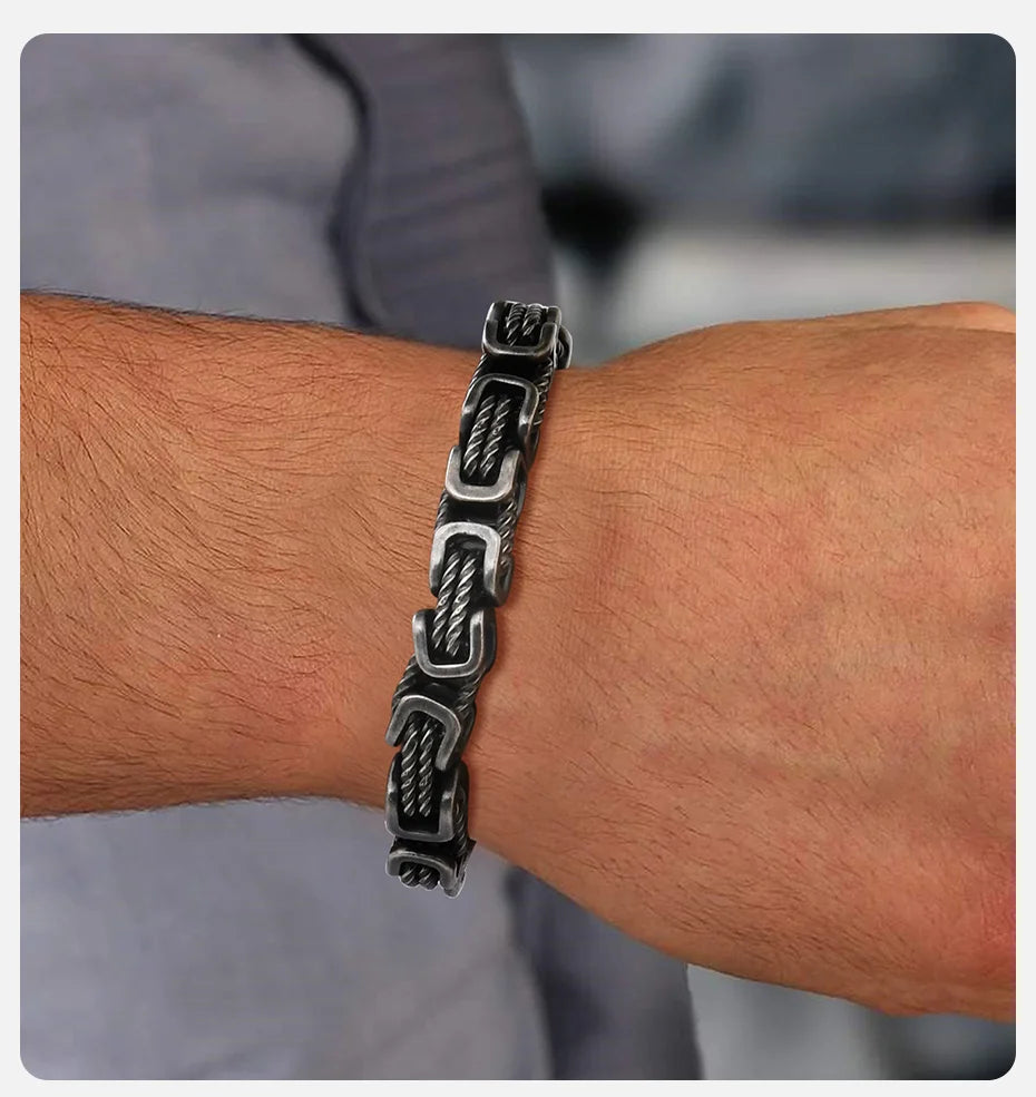 ‌Vnox Stainless Steel Byzantine Bracelet for Men, 8mm Wide Vintage Style Bold Square Links Chain Wristband, Father's Day Gift