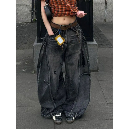 Black Jeans Women Vintage High Waisted Cargo Jeans Straight Summer Casual Loose Big Size Wide Leg Denim Baggy Pants Y2K