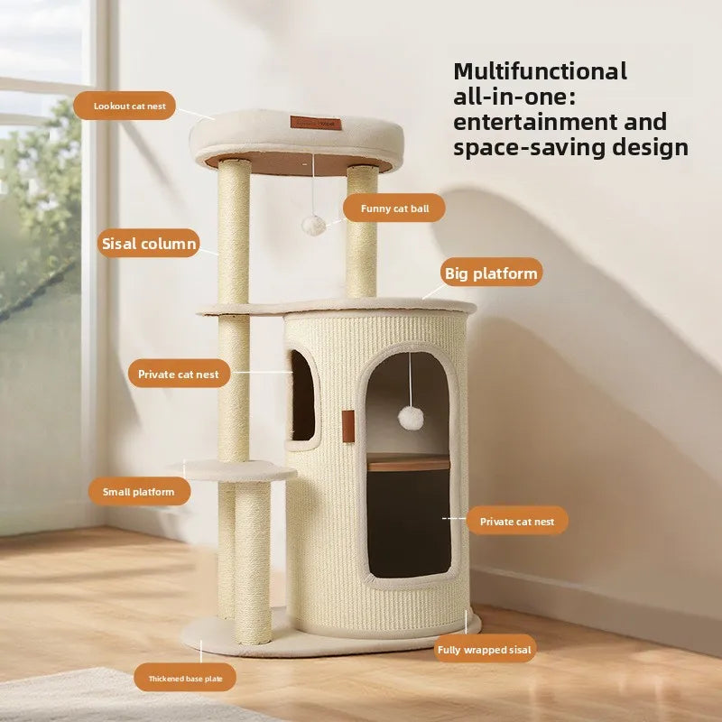 Cat Tree for Small Spaces Multi Level Scratching Post with Cat Condo and Sisal Barrel
