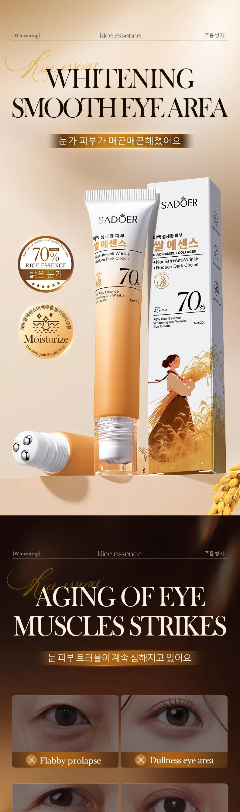 SADOER Rice Essence Eye Cream Anti Dark Circles Anti-Aging Anti Wrinkles Whitening Moisturizing Korean Eyes Skin Care Cosmetics