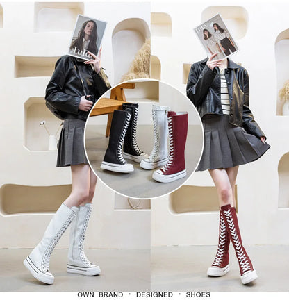 NEW Luxury Platform Boots Women Canvas Casual High Top Shoes Long Boot Lace-Up Zipper Comfortable Flat Sneakers Tenis Feminino