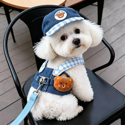 Cute Plaid Pet Harness Leash And Hat Set Adjustable Breathable Vest Harness for Small Dogs And Cats Outdoor Walking ﻿