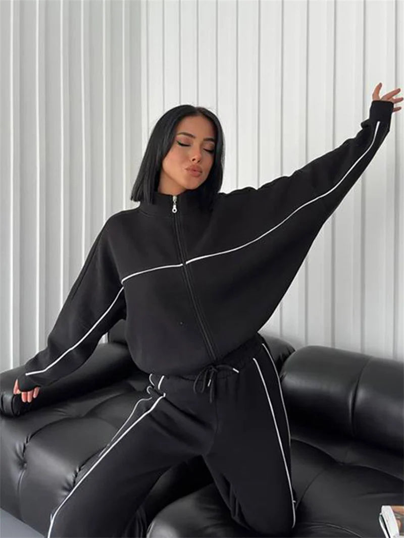 Sweatshirt Two-piece Suit Women's Oversize Striped Casual Sports Sets Zipper-up Short Jacket Straight Trousers 2-piece Sets