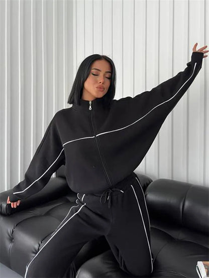 Sweatshirt Two-piece Suit Women's Oversize Striped Casual Sports Sets Zipper-up Short Jacket Straight Trousers 2-piece Sets