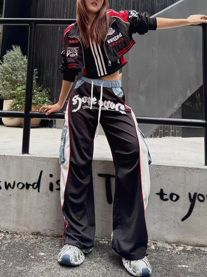 European Style Casual Pants for Women 2026 Spring Summer New Large Pocket Letter Print Embroidery Patchwork Denim Trousers Trendy