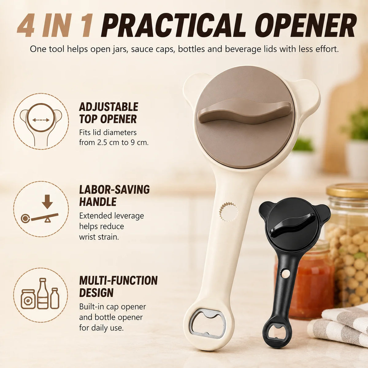 4 In 1 Multifunctional Bottle Opener Adjustable 3 Claw Jar Lid Opener Anti Slip Manual Can Lid Opener Gripper Kitchen Gadgets