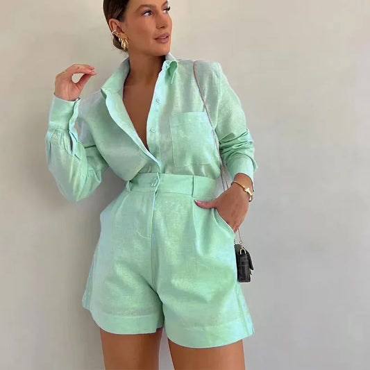 New Women's Long Sleeve 2-Piece Set Casual Button Detail Shorts Outfit Shirt Top Summer Fashion Female Suit Y2k Clothing