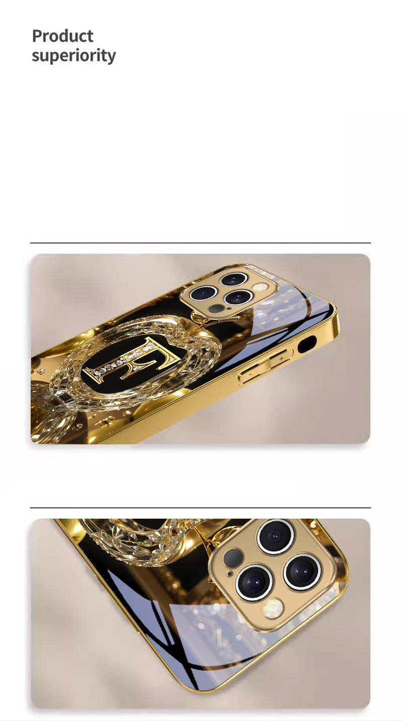 High end golden letter 'F' For IPhone 16 17Pro Max 15 P ro 14 13 Plus 12 Mini 11Pro Max XR 16E 17 Air Golden glass phone case