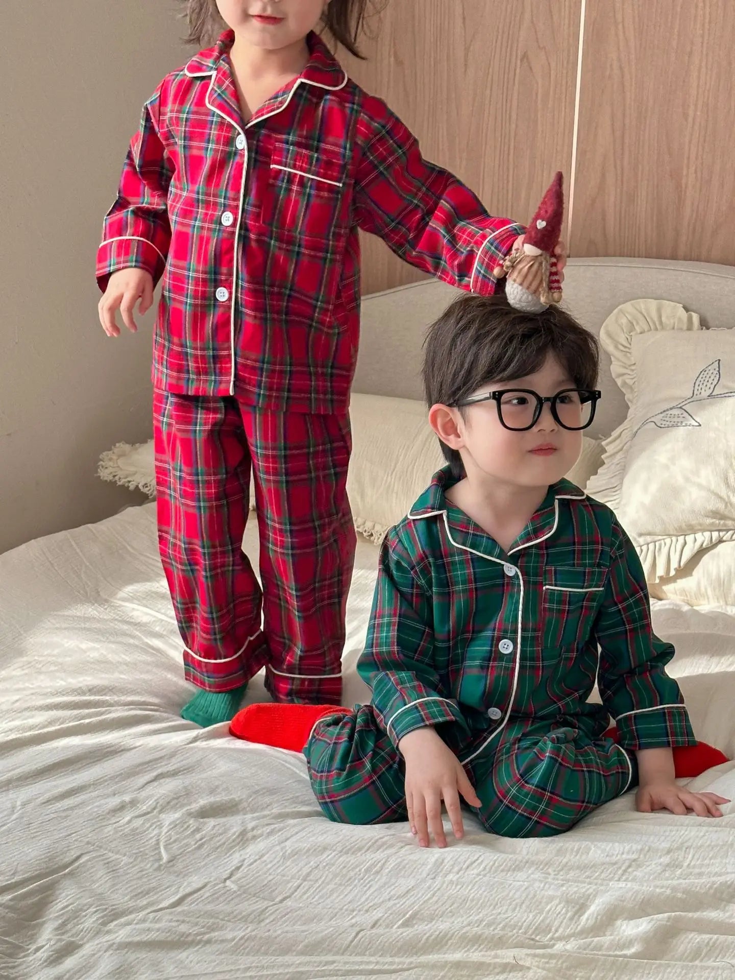 2025 New Christmas Children's Pajama Sets Plaid Print Clothing Set Button Full Sleeve 2 Pcs Suit Homewear Thin Pyjamas Xmas Look