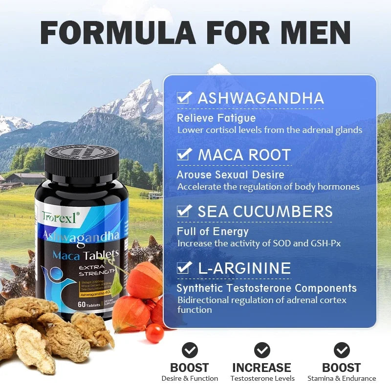 Ashwagandha Capsules Men's Test Booster - Stamina, Endurance, & Strength - 60 Caplets