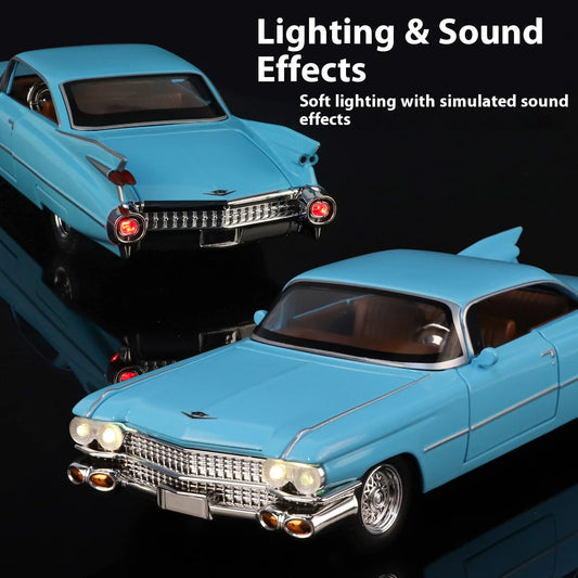 Cadillac Eldorado 1959 Metal Diecast Retro Car Model 1/24 Scale Sound and Light Back Pull Boy Gift Ornament Halloween Toys