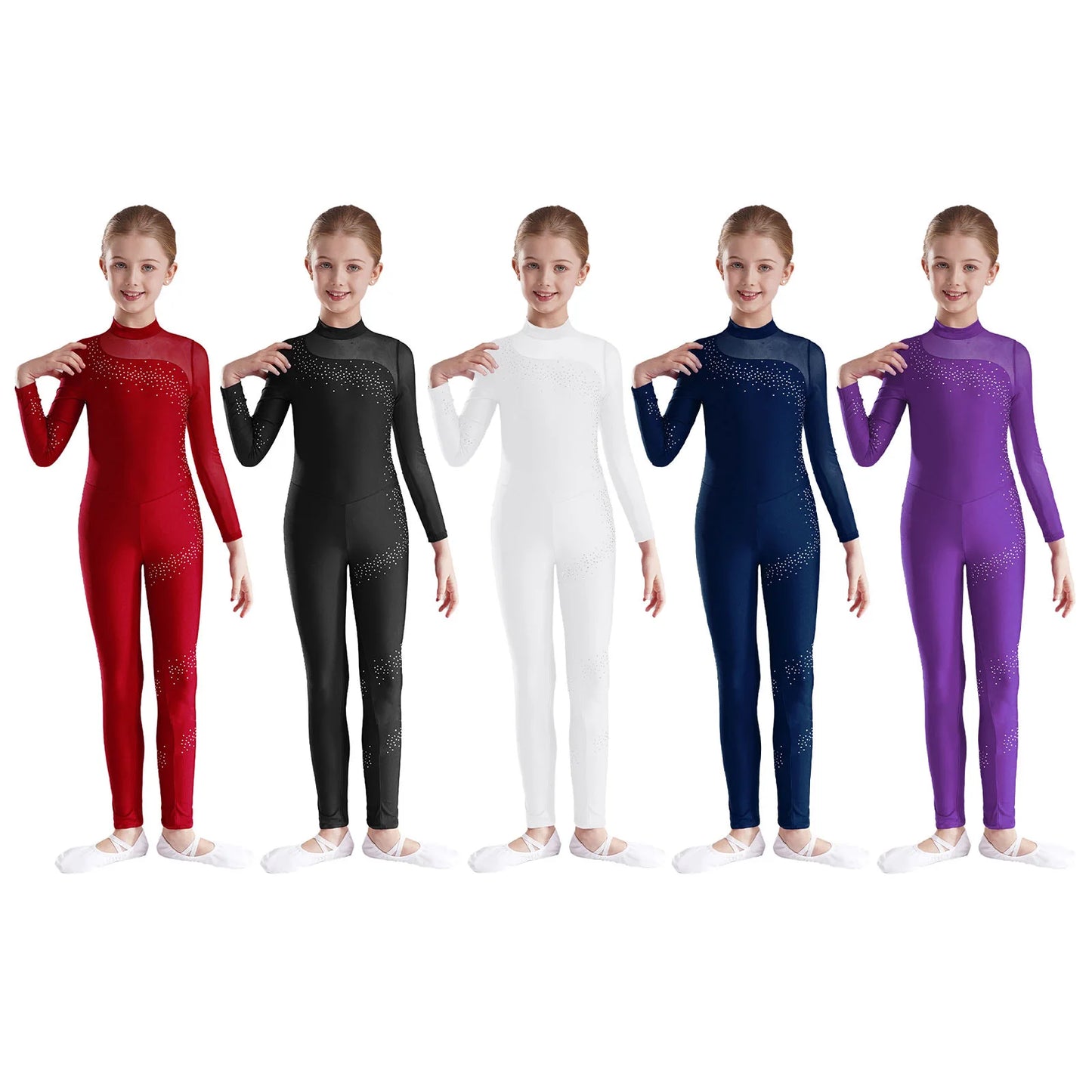 Kids Girls Ballet Dance Gymnastics Leotard Figure Skating Acrobatics Yoga Bodysuit Long Sleeve Shiny Rhinestone Mesh Jumpsuit
