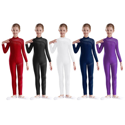 Kids Girls Ballet Dance Gymnastics Leotard Figure Skating Acrobatics Yoga Bodysuit Long Sleeve Shiny Rhinestone Mesh Jumpsuit