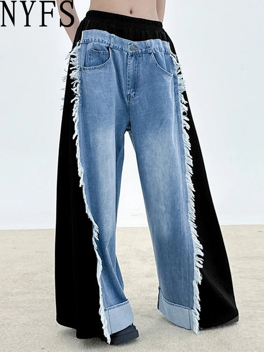 NYFS Europe United States Patchwork Loose plus Size Women's Jeans Elastic Waist Trousers Autumn Fashion Denim Wide-leg pants