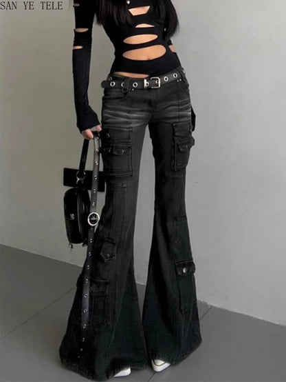 Retro Multi Pocket Y2K Flared Pants Women's Black Low Waisted Denim Cargo Jeans Gothic Stretch Slim Spicy Girl Workwear Trousers