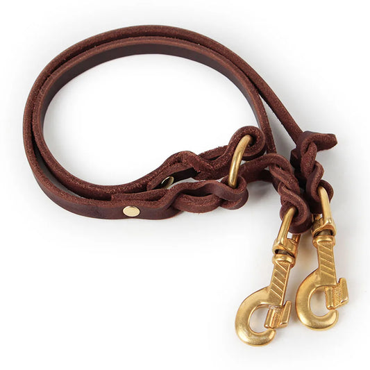 Real Leather Double Dog Leash No Tangle Dual Dog Leashes Coupler Pet Training and Walking Leads for 2 Puppies Small Medium Dogs