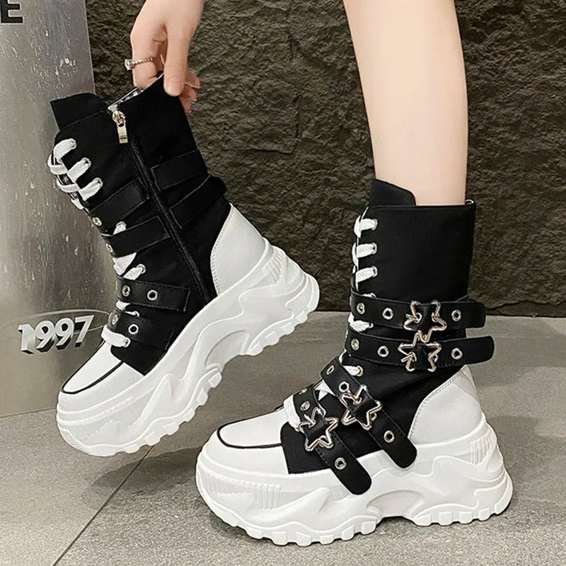 New Rock Platform Y2K Boots Women Summer 2026 Gothic Metal Star Belt Buckle Thick Sole Mid Calf Boots Woman Designer Punk Shoes