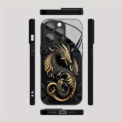 Luxury Golden Dragon Pattern Tempered Glass Black Phone Case For Samsung Galaxy S25 S24 S23 Ultra Plus FE Shockproof Cover
