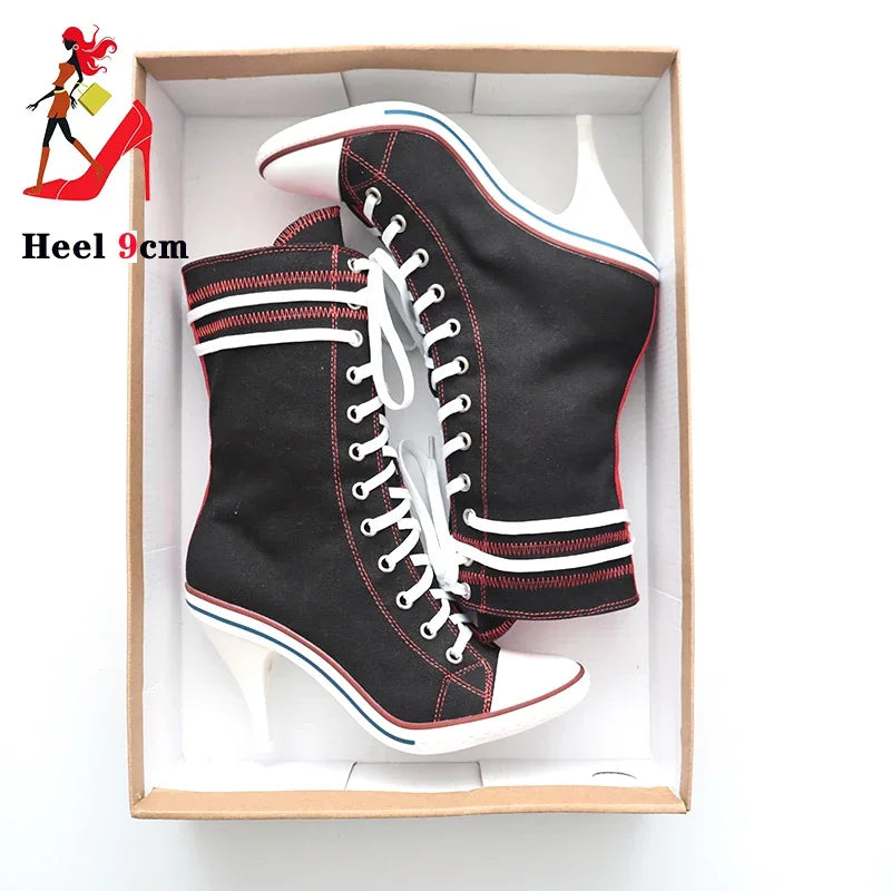 .Women Boots Design Stiletto High Heel Canvas Shoes Fashion Lady Lace up Pointed Ankle Shoes Sexy High-heeled Thin Heel Boot