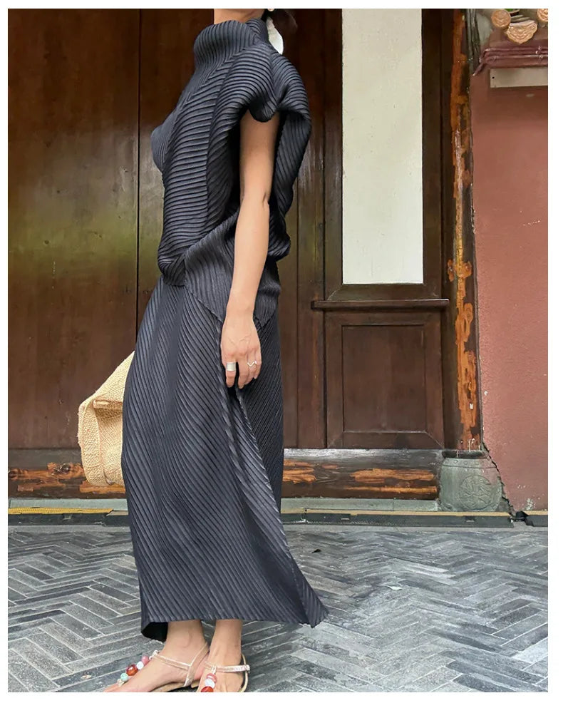 Miyake Pleated Women Set 2026 Summer New Solid Color Irregular Design T-shirt Loose Large Half Skirt Female Two Piece Set