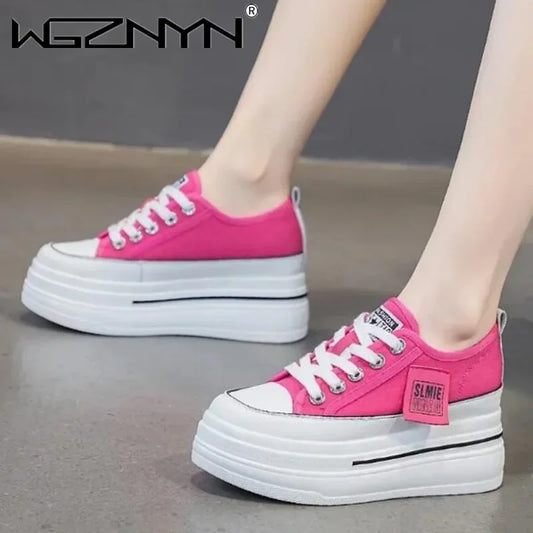 Vulcanized Platform Sneakers Wedge Shoes Non-slip Casual Shoes Women Autumn Lace-up Comfort Denim Canvas Shoes Thick Sole