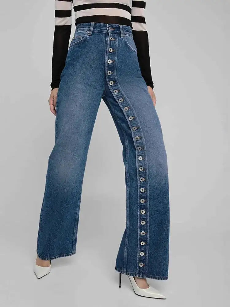 SHENGPALAE European And American Style Single-sided Multi Button Straight Leg Jeans For Women 2026 New