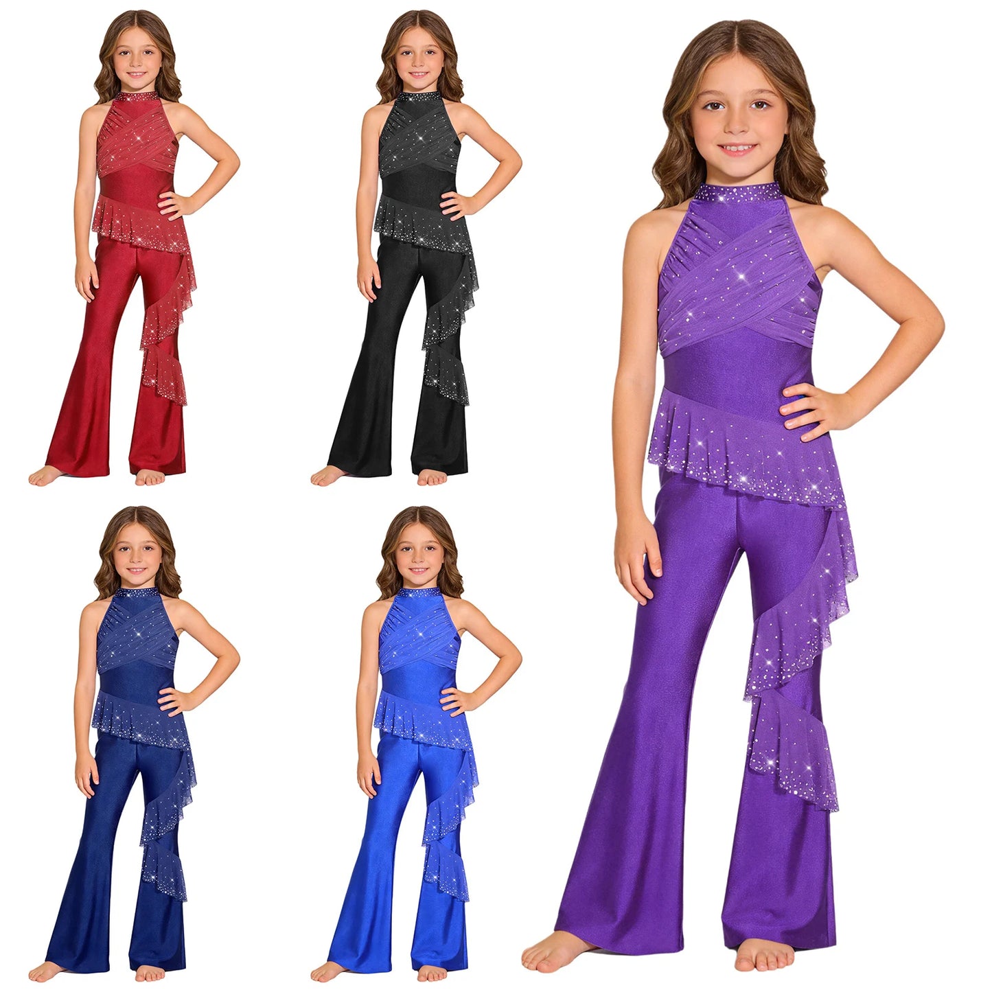Kids Girls Figure Skating Jumpsuit Ballet Gymnastics Acrobatics Dance Leotard Sleeveless Shiny Rhinestones Ruffles Mesh Bodysuit