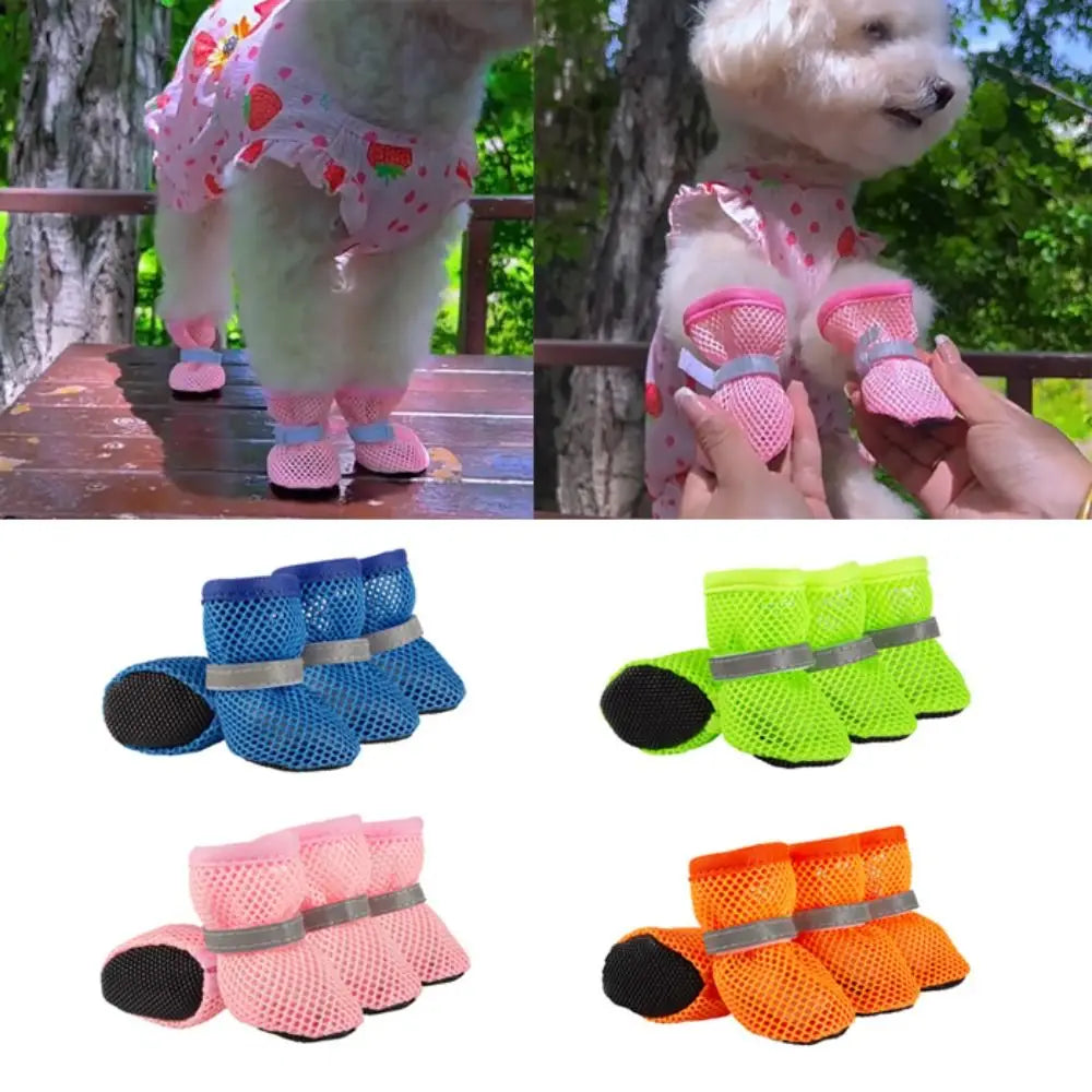 Breathable Dog 4pcs/set Mesh Shoes Non-slip Wear Resistant Pet Short Boots Reflective Hollow Out Dog Shoes Summer