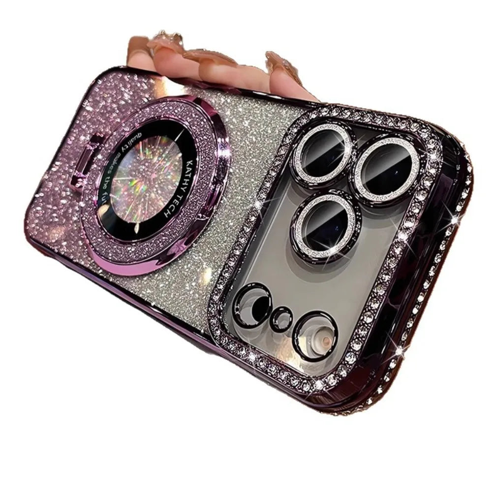 Suitable for iPhone17/16/15/14/13/12/11 Case With Lens Film 16 Anti-drop 15 Rhinestone Glitter Magnetic Stand