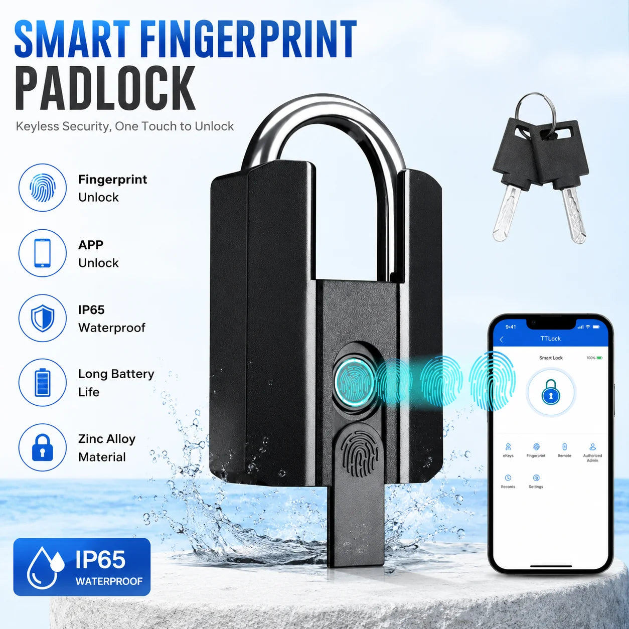 Fingerprint Lock with Key Backup USB Rechargeable Key BT TTLock APP Fingerprint Unlock Keyless Waterproof Fingerprint Padlock