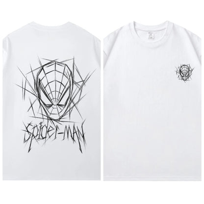 Spider Man New 2026 Back Print Graffiti Line Art T Shirt Men Women Summer Cotton Short Sleeve O Neck Oversized Black Streetwear Tops